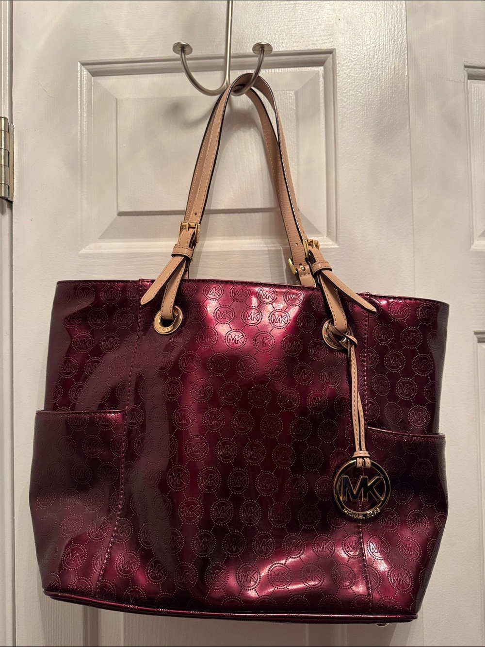 Michael Kors Metallic Wine Tote with Tan Leather Handles